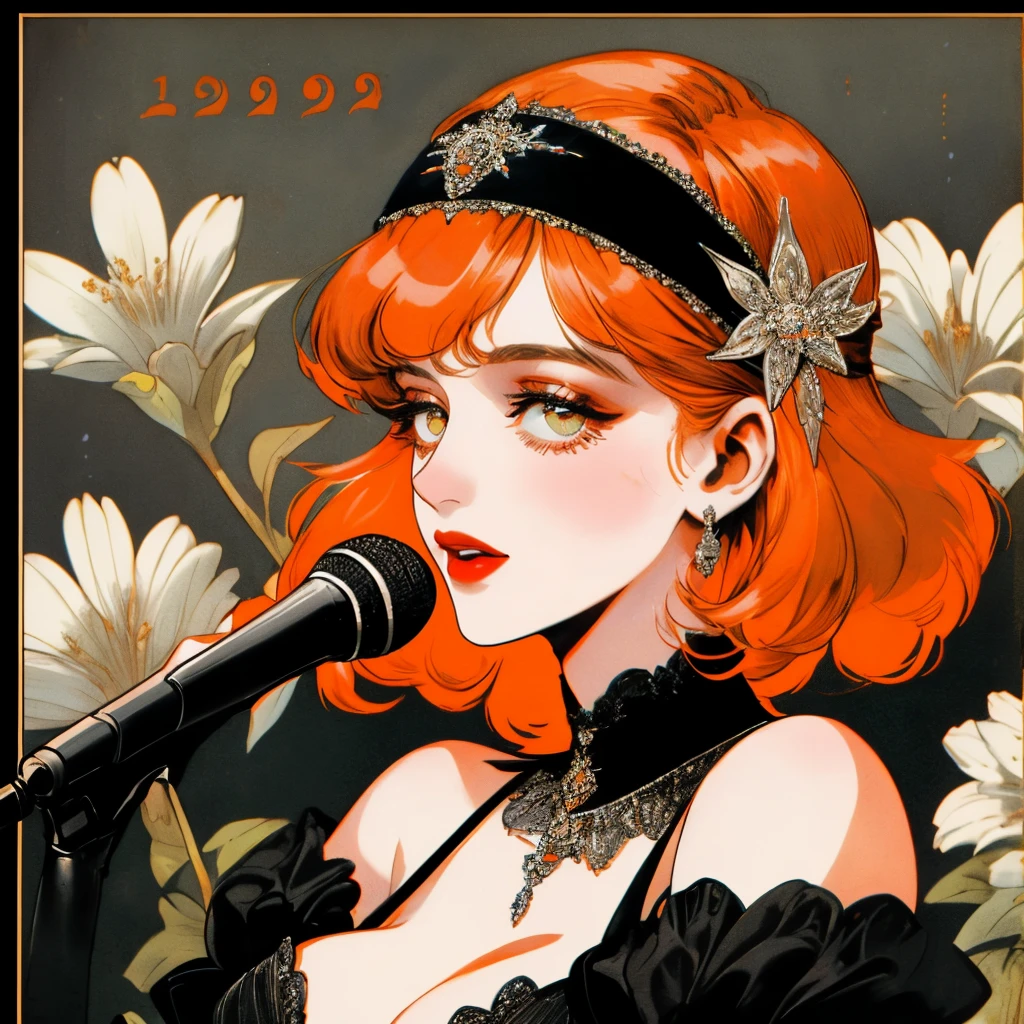 masterpiece, collage of short orange haired woman holding microphone, hazel eyes, show cleavage a little, wearing black dress and black flapper headband, German, 1920s, 1920s outfit, a singer, in a cruise, flower, realistic size of facial features