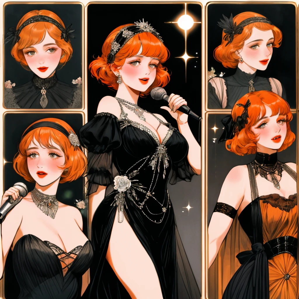 masterpiece, collage of short orange haired woman holding microphone, hazel eyes, show cleavage a little, wearing black dress and black flapper headband, German, 1920s, 1920s outfit, a singer, in a cruise, flower, realistic size of facial features