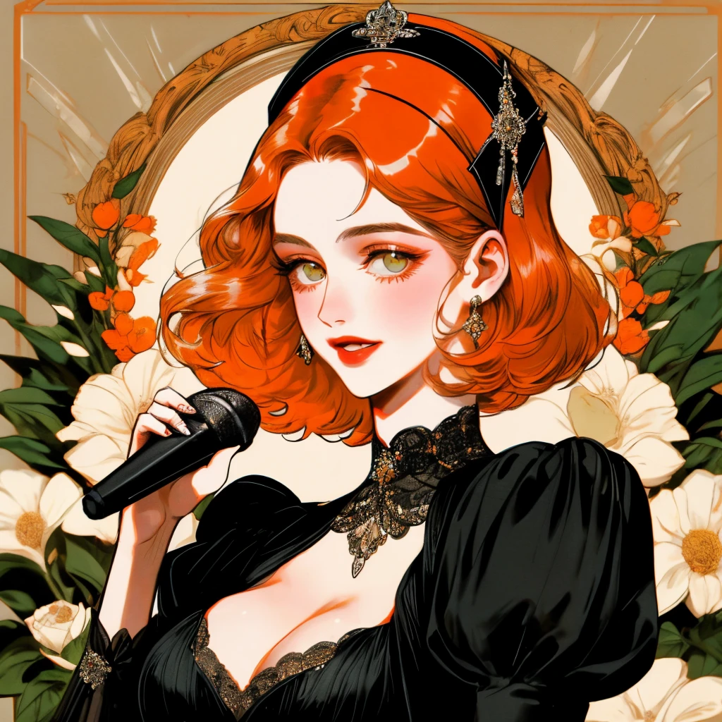 masterpiece, collage of short orange haired woman holding microphone, hazel eyes, show cleavage a little, wearing black dress and black flapper headband, German, 1920s, 1920s outfit, a singer, in a cruise, flower, realistic size of facial features
