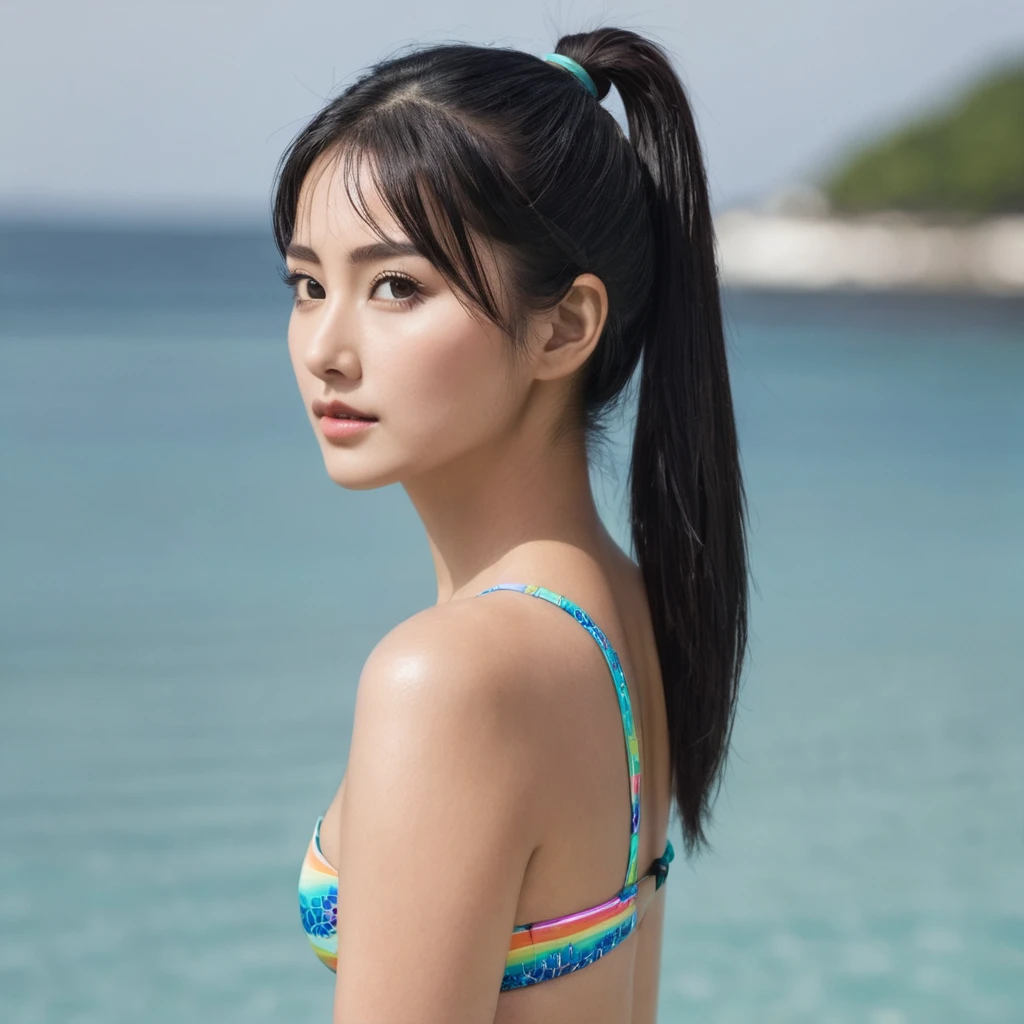 a woman, has a flat nose, shining eyes, thick black hair tied in a ponytail, tall body, wearing a bikini