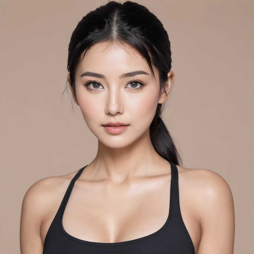 a woman, has a flat nose, shining eyes, thick black hair tied in a ponytail, tall body, wearing a bikini
