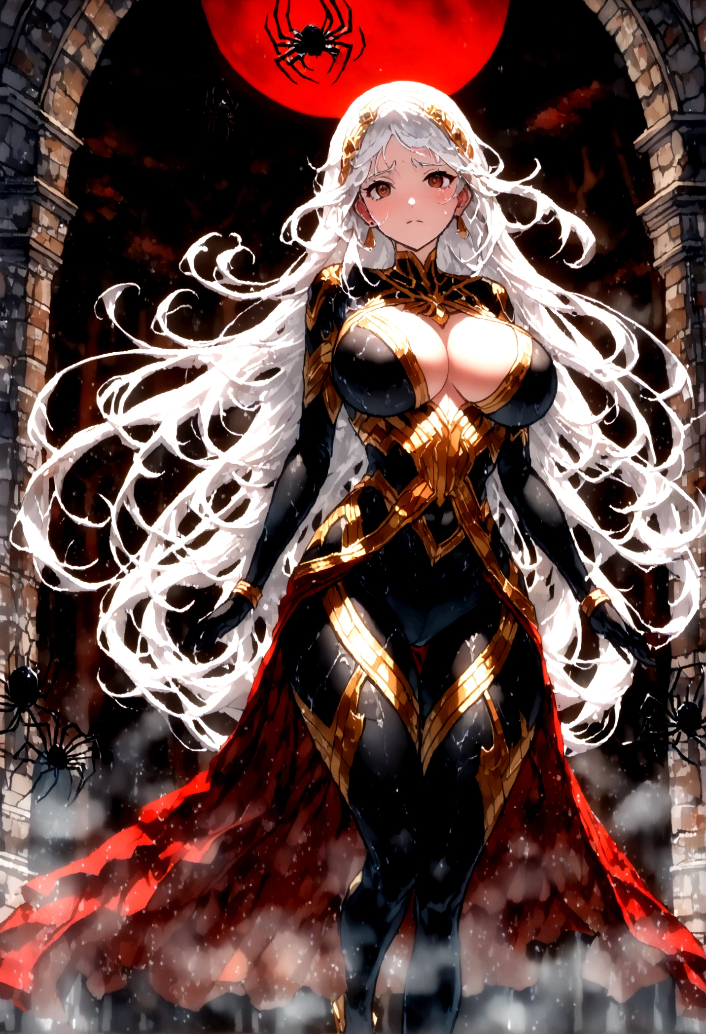 Beautiful anime style monster girl with long hair,((下半身はspiderの体である)),(((White Hair)))Long one curl hair,(((Highest quality)))Transparent Hair,Frowning face,Sad eyes,(((Brown eyes))),Beautiful woman of sadness,(((A well-defined, glamorous body)))Tight waist,Big Breasts,(((spiderの糸を巻いて着ている)))Beautiful and sexy girl in sexy clothes,Oily skin,(((Sexy pose))),((Walking)),(((detailed)))Full Body Shot,spider,Countless threads wrapped around the body,(((background)))fog,Red Moon,in the forest,Dark Cave。