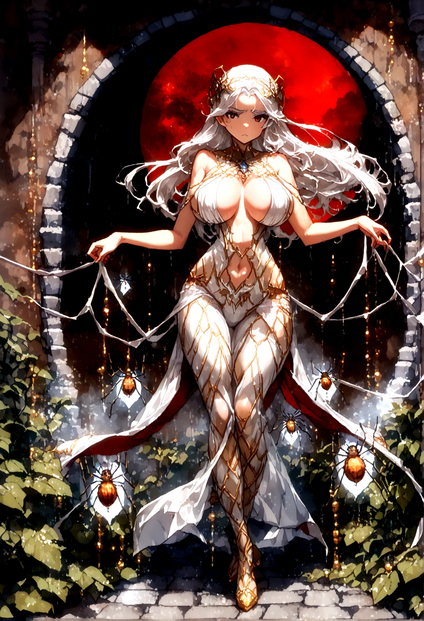 Beautiful anime style monster girl with long hair,((下半身はspiderの体である)),(((White Hair)))Long one curl hair,(((Highest quality)))Transparent Hair,Frowning face,Sad eyes,(((Brown eyes))),Beautiful woman of sadness,(((A well-defined, glamorous body)))Tight waist,Big Breasts,(((spiderの糸を巻いて着ている)))Beautiful and sexy girl in sexy clothes,Oily skin,(((Sexy pose))),((Walking)),(((detailed)))Full Body Shot,spider,Countless threads wrapped around the body,(((background)))fog,Red Moon,in the forest,Dark Cave。