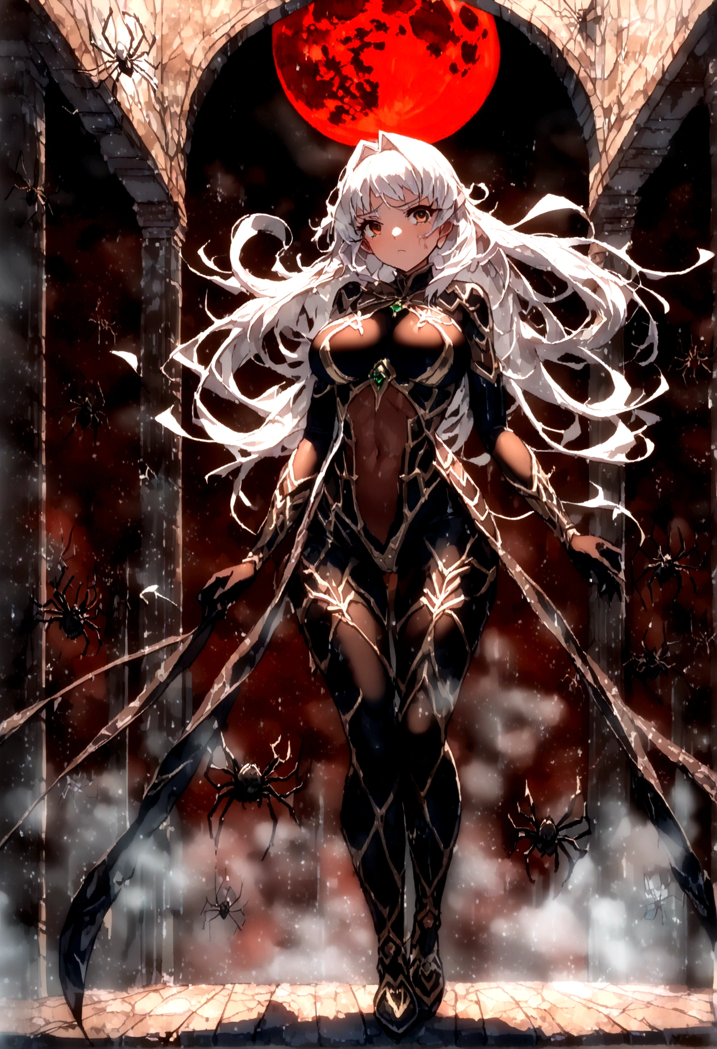 Beautiful anime style monster girl with long hair,((下半身はspiderの体である)),(((White Hair)))Long one curl hair,(((Highest quality)))Transparent Hair,Frowning face,Sad eyes,(((Brown eyes))),Beautiful woman of sadness,(((A well-defined, glamorous body)))Tight waist,Big Breasts,(((spiderの糸を巻いて着ている)))Beautiful and sexy girl in sexy clothes,Oily skin,(((Sexy pose))),((Walking)),(((detailed)))Full Body Shot,spider,Countless threads wrapped around the body,(((background)))fog,Red Moon,in the forest,Dark Cave。