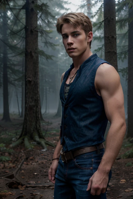 Mick Campbell, Bobby Lockwood, Teen Wolf, 18 years old, short messy blond hair, slim and muscular build, blue eyes, black sleeveless shirt, red denim vest, dark blue jeans, black belt, colored combat boots light brown, bat pendant, forest background with fog