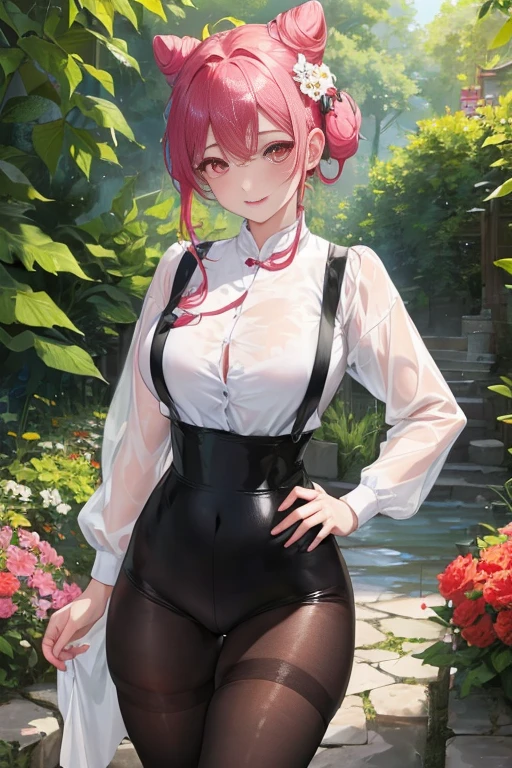 tmasterpiece、Need、1female、Blue cheongsam,Ancient style China、 White cloth bun bun bun、The chest is large、chubbiness、ssmile、Black suspender tights、lace leggings、pale pink lip、hot springs,(drenched all over the body),legs are open, 独奏, White polo shirt, looking at viewert, (Thigh thick:1.0),Yazawa Nico,red eyes, face flushed,Blunt hair,both hands on hip,greet,Flower headdreslack suspender tights,dance,short hair,garden,