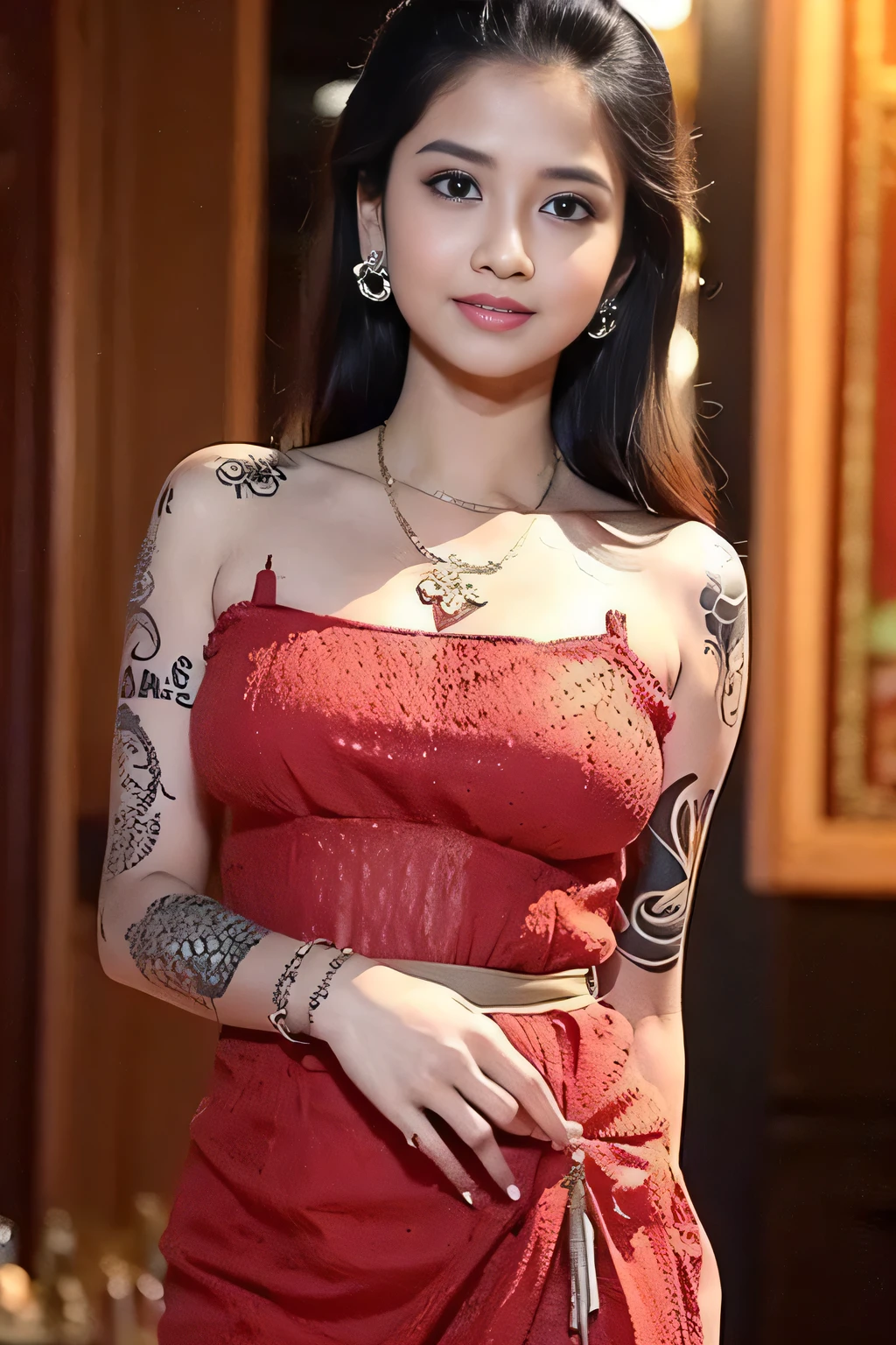 A beauty girl with tattoos on body, beautiful art tattoo detailed, ((text tattoo on body:LOVE)), Wearing kebaya dress, detailed beautiful eyes, baby face, cute girl, big breast, earrings, necklace, Javanese ornament