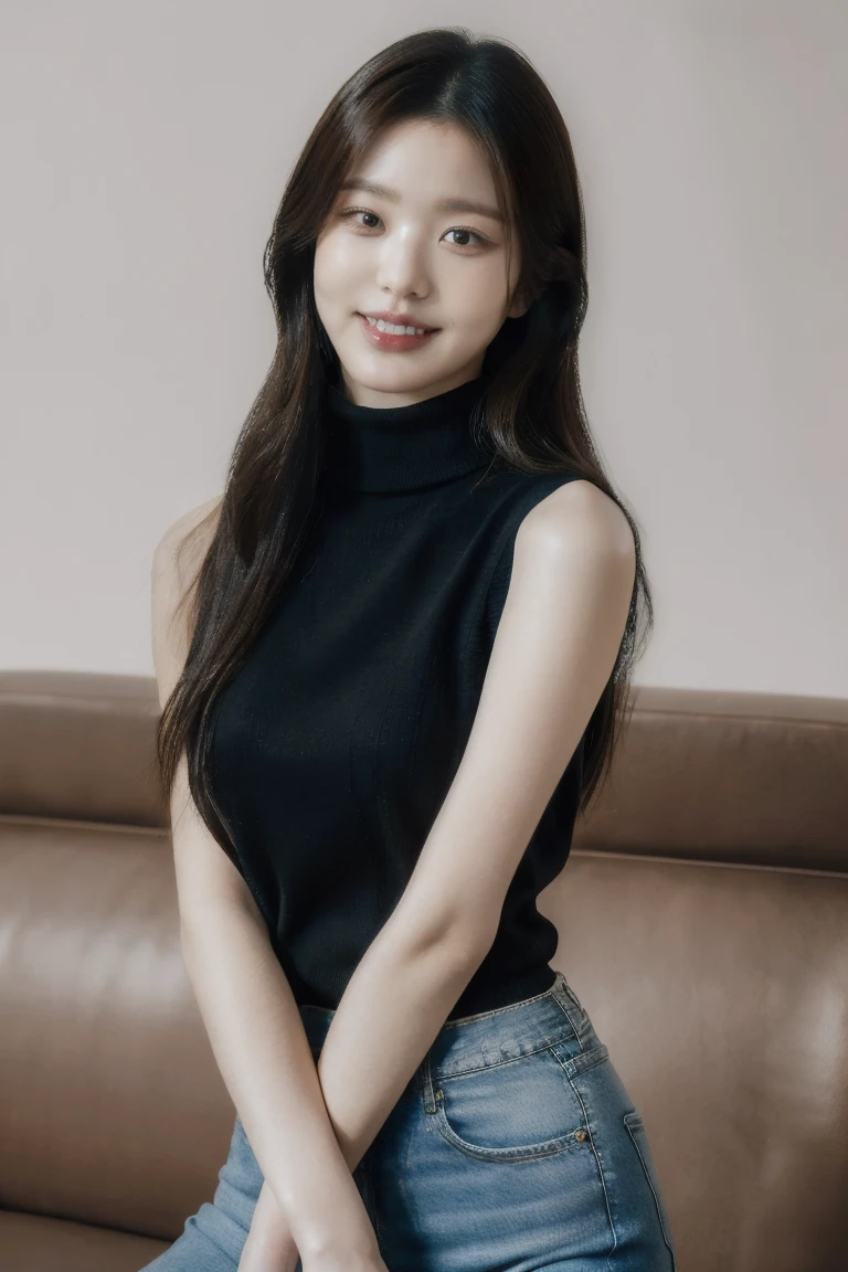 1girl, solo, realistic, looking at viewer,
(smile:1.3), teeth, cowboy shot,
long straight hair,
black (sleeveless:1.4) turtleneck, bare shoulders, bare arms, pants,
lobby , (high quality:1.4), (photorealistic:1.6), 8k, uhd, highres, absurdres, professional photo, highly detailed, detailed skin, masterpiece, (hyperrealism)