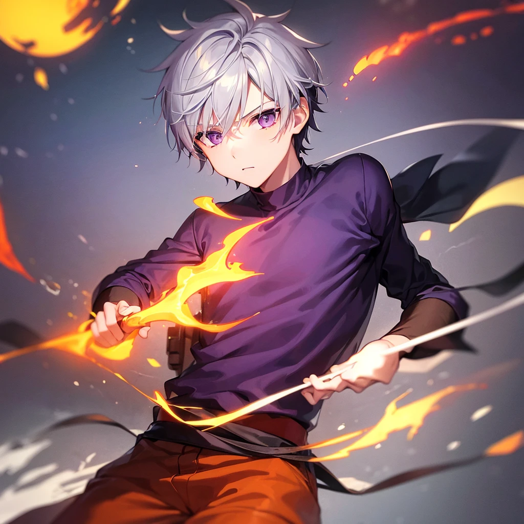 Boy with gray hair, purple eyes and orange clothes and fire background



