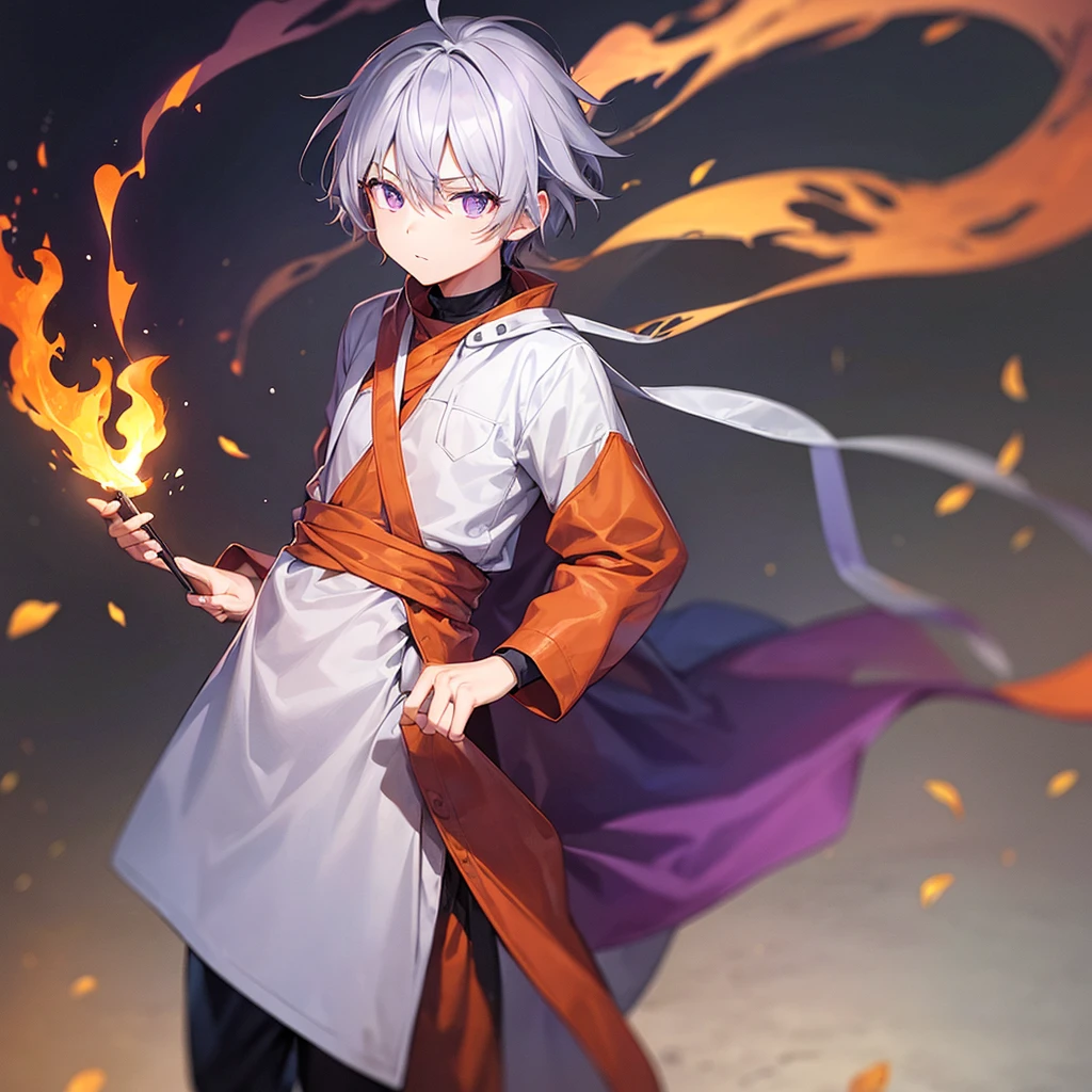 Boy with gray hair, purple eyes and orange clothes and fire background