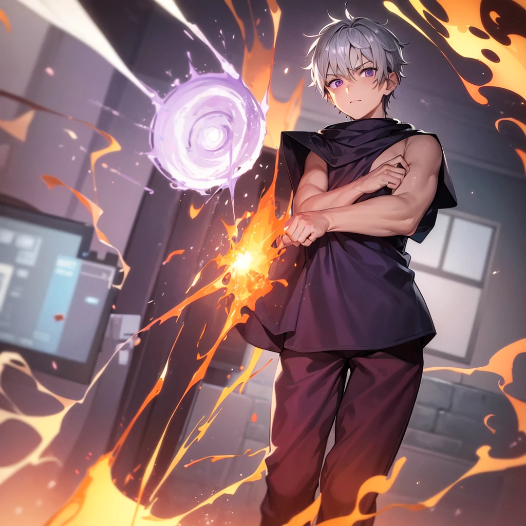 Boy with gray hair, purple eyes and orange clothes and fire background



