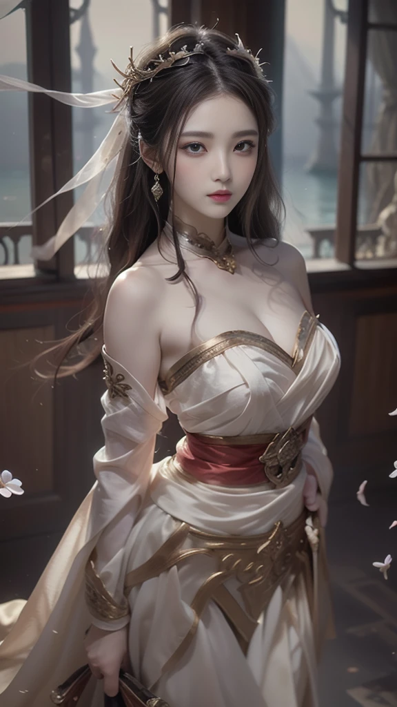 (best quality,high resolution,masterpiece:1.2),Extremely detailed,Practical:1.37,Traditional portrait style,Detailed face and eyes,Beautiful lips,Fine brushwork,Soft, Flowing hair,Delicate flowers blooming in the background,Subtle color palette,Soft lighting,A seamless blend of reality and fantasy,Ethereal atmosphere,Traditional Beauty,Seductive pose,Antique Clothes,Colorful but not harsh,Subtle textures,Attention to detail,Beautiful posture,Expressive eyes,Female characteristics,ingenious composition,Artistic talent,An evocative gaze,Dreamy atmosphere,A sensual and elegant performance,The perfect balance of elegance and sensuality,Delicate facial features and expressions.，Sea，patio，