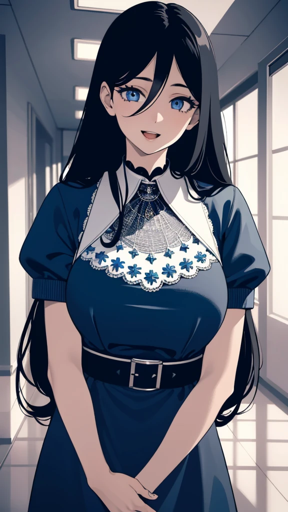 (masterpiece), (best quality), (ultra-detailed), ((girl, 29 years old)), an extremely delicate and beautiful, detailed eyes, minute details, (black hair, long hair, straight hair, hair between eyes), ((big breasts)), smile, open mouth, ((beautiful eyes)), (blue eyes), (upper body), she is wearing a blue dress, (detailed clothes), (detailed background, in a hospital, hospital hallway), (monochrome)