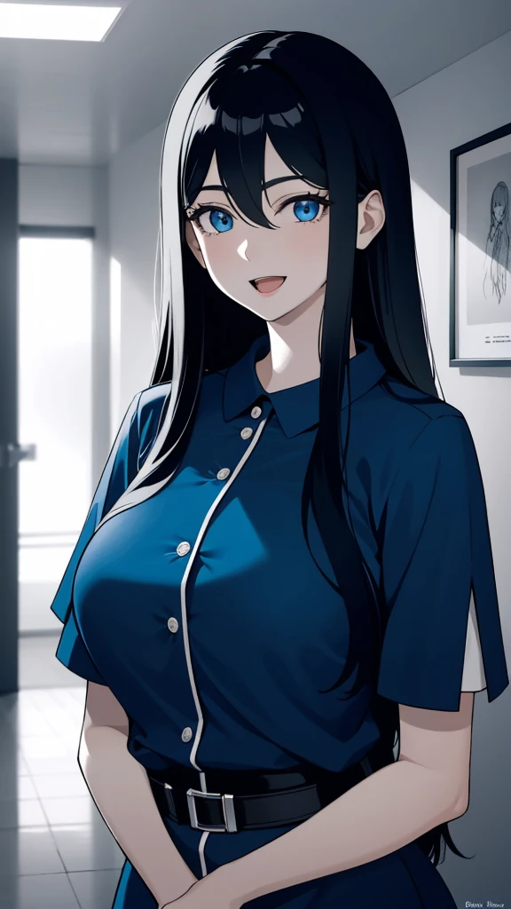 (masterpiece), (best quality), (ultra-detailed), ((girl, 29 years old)), an extremely delicate and beautiful, detailed eyes, minute details, (black hair, long hair, straight hair, hair between eyes), ((big breasts)), smile, open mouth, ((beautiful eyes)), (blue eyes), (upper body), she is wearing a blue dress, (detailed clothes), (detailed background, in a hospital, hospital hallway), (monochrome)