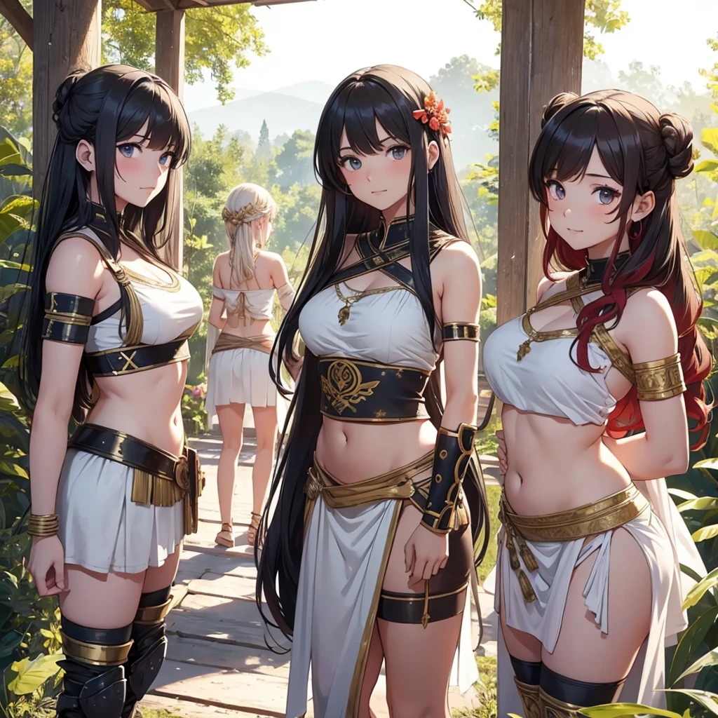 young greek warriors girls in togas , only girls , forest in the background ,four girls, sandals , close to the viewer,, sexy , multiple girls ,exposed belly, curves , black hair , blonde hair , red hair , white hair , light armor , knee pads, elbow pads,