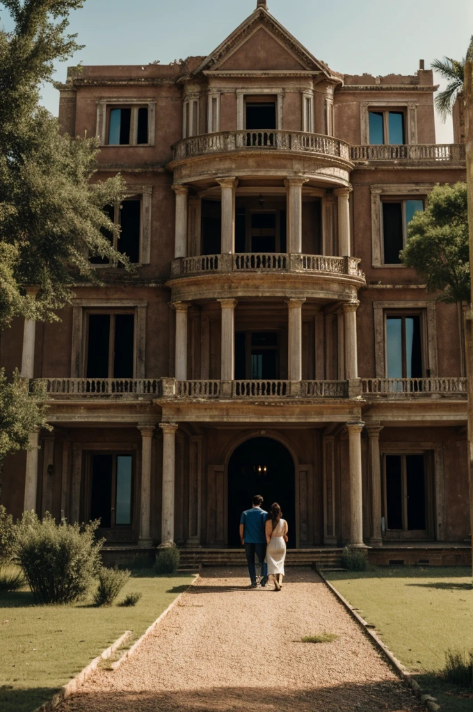 two friends arriving at a luxurious house that is in an abandoned city