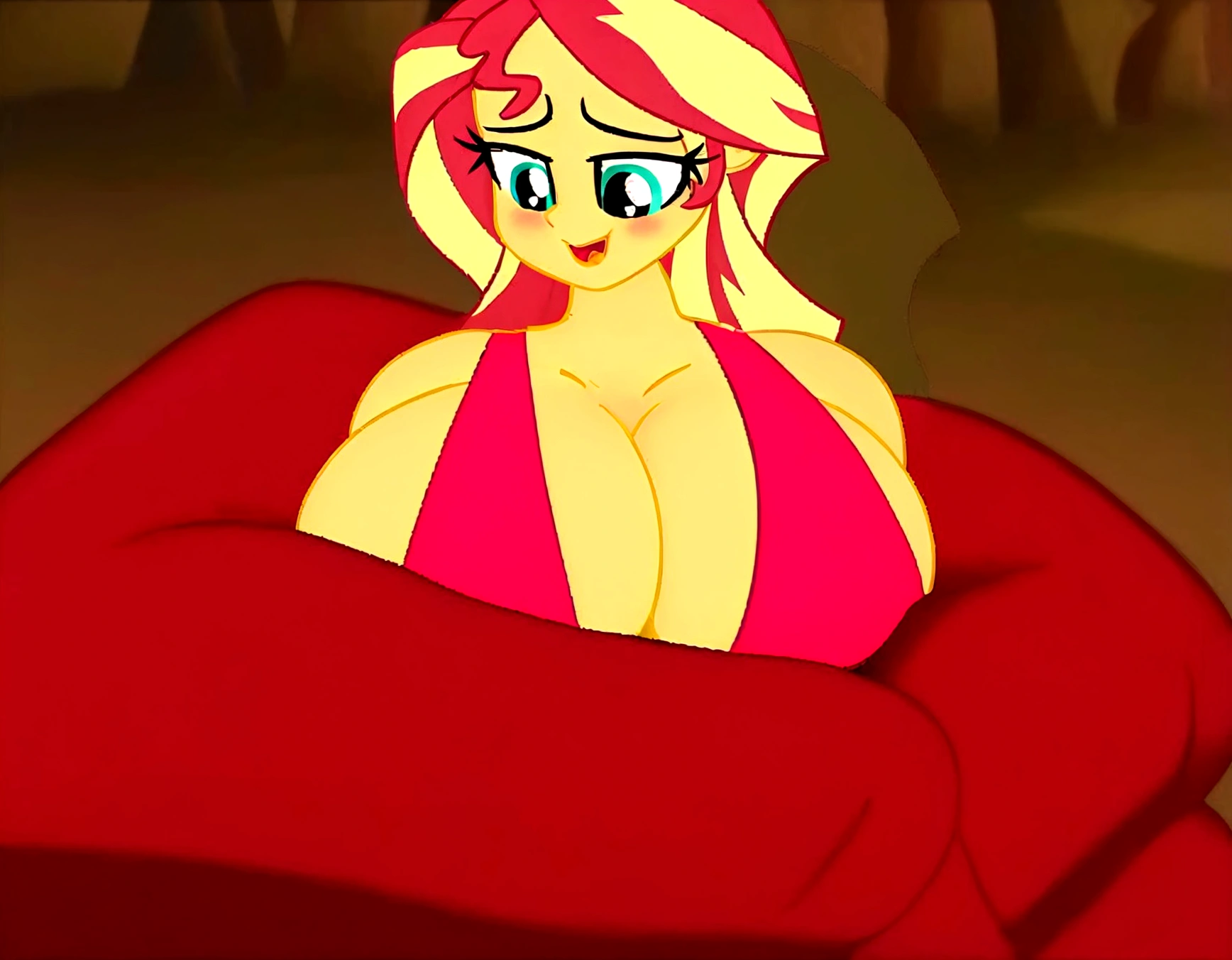 there is a cartoon picture of a woman in a red dress, covered and sfw, furr covering her chest, covered sfw huge breastsreasts!, e juicy peach, covered breasts, sfw huge breastsersion, large breae, sun behind her, cleavage,easts!!, sie boob, fur coverinest, barre