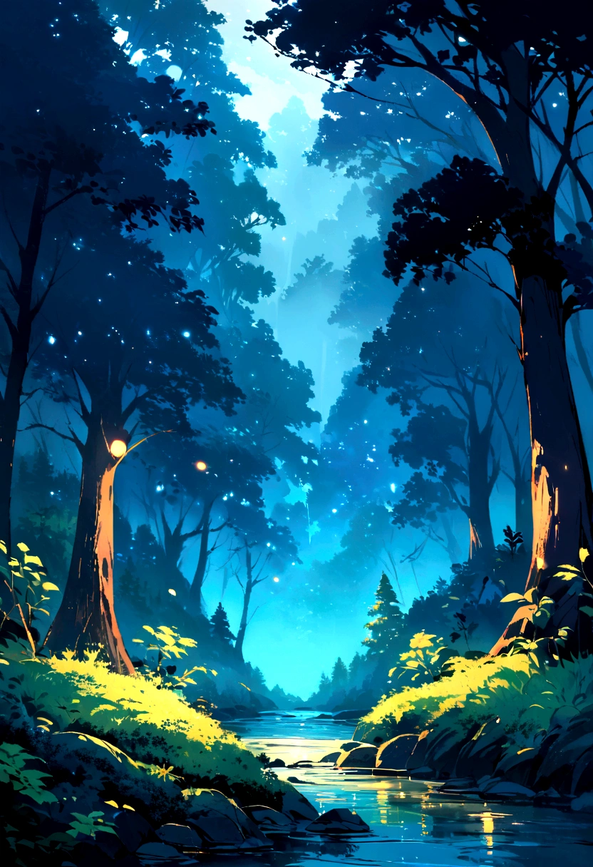 Forest and night sky　The trees are fluffy　Sparkling　No people　No characters needed　Landscape only　Landscape painting