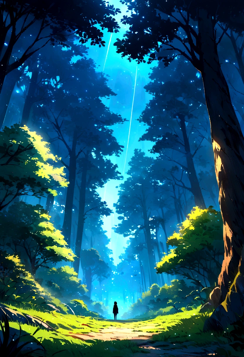 Forest and night sky The trees are fluffy Sparkling No people No characters needed Landscape only Landscape painting