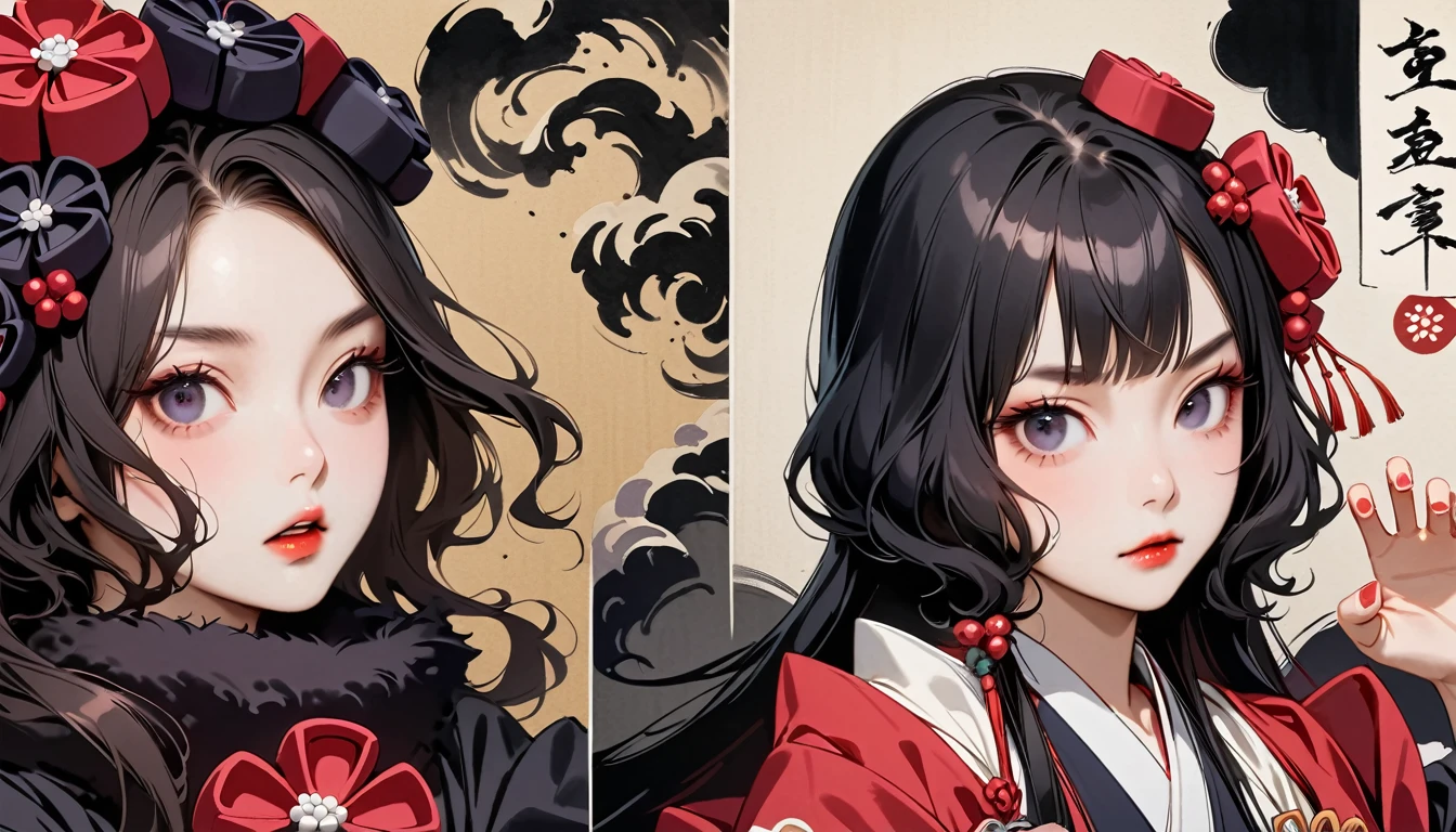 (((Horror elements))), (((claw pose))), (((Highest quality))), (((Katsushika Hokusai))), (((Ink Painting))), ((very straight longhair)), ((1 girl)), ((Gorgeous hair accessories)), ((Beautiful girl possessed by a demon)), Japanese style headphones, Black Hair, Delicate and precise, Modern ukiyo-e style, head shot