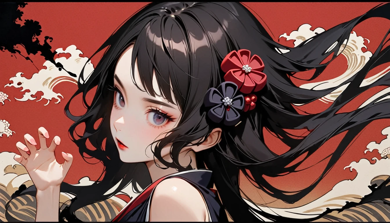 (((Horror elements))), (((claw pose))), (((Highest quality))), (((Katsushika Hokusai))), (((Ink Painting))), ((very straight longhair)), ((1 girl)), ((Gorgeous hair accessories)), ((Beautiful girl possessed by a demon)), Japanese style headphones, Black Hair, Delicate and precise, Modern ukiyo-e style, head shot