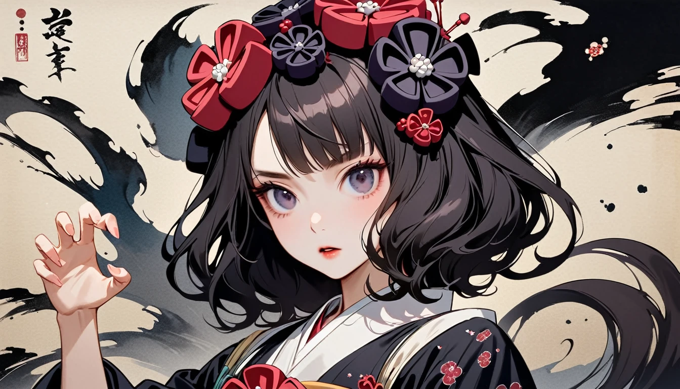(((Horror elements))), (((claw pose))), (((Highest quality))), (((Katsushika Hokusai))), (((Ink Painting))), ((very straight longhair)), ((1 girl)), ((Gorgeous hair accessories)), ((Beautiful girl possessed by a demon)), Japanese style headphones, Black Hair, Delicate and precise, Modern ukiyo-e style, head shot
