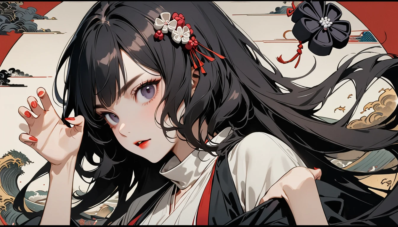 (((Horror elements))), (((claw pose))), (((Highest quality))), (((Katsushika Hokusai))), (((Ink Painting))), ((very straight longhair)), ((1 girl)), ((Gorgeous hair accessories)), ((Beautiful girl possessed by a demon)), Japanese style headphones, Black Hair, Delicate and precise, Modern ukiyo-e style, head shot