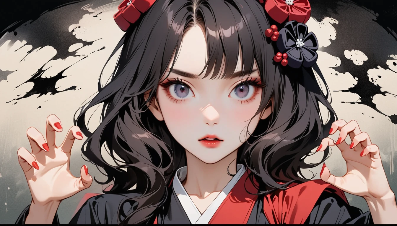 (((Horror elements))), (((claw pose))), (((Highest quality))), (((Katsushika Hokusai))), (((Ink Painting))), ((very straight longhair)), ((1 girl)), ((Gorgeous hair accessories)), ((Beautiful girl possessed by a demon)), Japanese style headphones, Black Hair, Delicate and precise, Modern ukiyo-e style, head shot