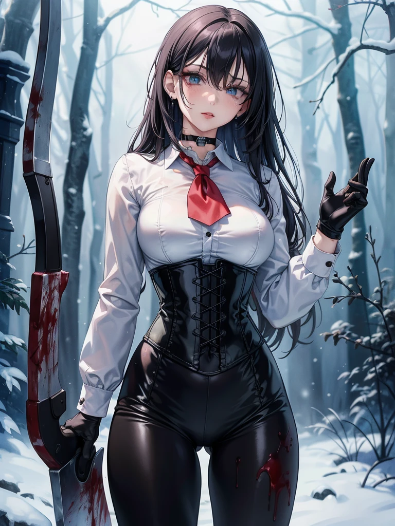 ((blood droplets)), ((blood)), ((blood splatter)), ((blood on clothes)), ((blood stain)), Masterpiece, Beautiful art, professional artist, 8k, art style by sciamano240, Very detailed face, Detailed clothing, detailed fabric, 1 girl, front view, standing, perfectly drawn body, terrified expression, pale skin, beautiful face, long black hair, Blue eyes, very detailed eyes, pink cheeks, choker:1.6, (white collar button down long sleeve shirt), black gloves, gloves that cover hands, (holding an ax in his right hand), (black leather corset), (shiny black leggings), Sensual Lips , evening de invierno, show details in the eyes, looking at the viewer, Dark road, Snowy forest, evening, Atmosphere, snow