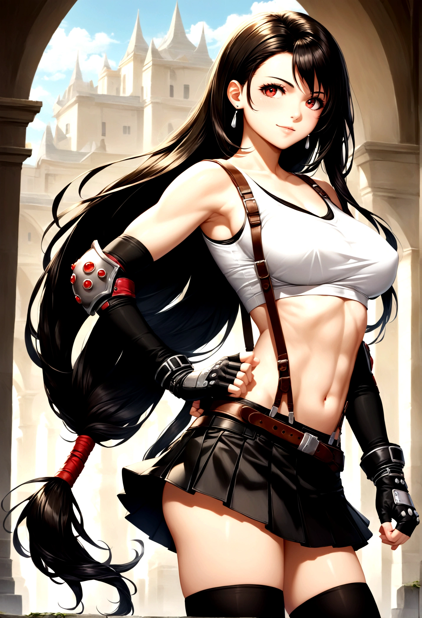 score_9, score_8_up, score_7_up,score_6, score_5,BREAK , ,from side,side view,side angle,pov,straight-on,,standing,contrapost,upperbody ,,straight-on,Solo,1girl, tifa lockhart, final fantasy,ultra beautiful ,black hair, low-tied long hair, red eyes, bangs, (white tank top, belt, pleated skirt, thighhighs, elbow fingerless gloves, elbow pads, midriff, navel,suspender skirt),beautiful waist ,((large_breast:1.3)),light smile,fist,hand on own hip,daytime,outdoor,(ultra detailed),(best quality),(aesthetic,very aesthetic),UHD,photorealistic,extremely detailed CG unity 8k wallpaper,anime,depth of field,,, 　　