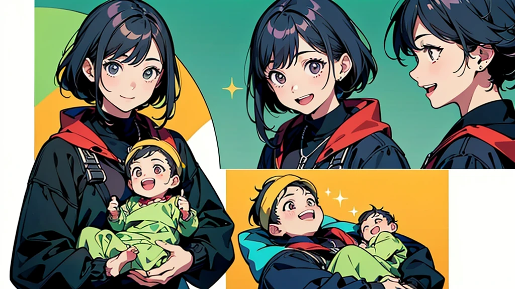 score_9,score_8_superior,(((Highest quality、Masterpiece、Official Art、The best dynamic composition、Super detailed)))、Single Mother、She is holding a baby boy and laughing happily.、Heartwarming、A gentle smile、A sparkling world、