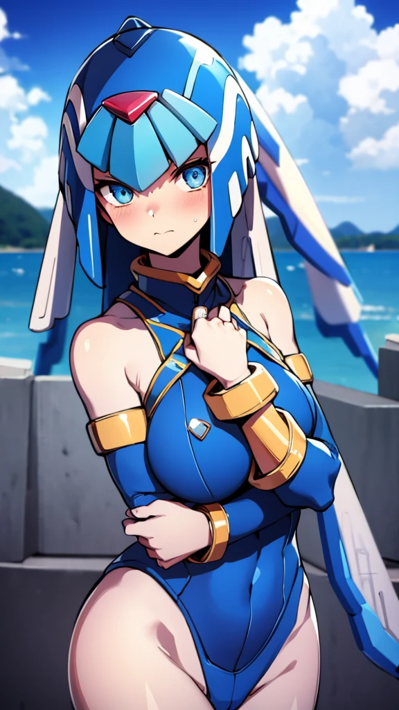 Leviathan_Megamanz, 1 Girl ,Looking at the viewer , blue hair, Blue eyes,Clouds background , Blushed , , Wedding ring, Glasses, Backwards