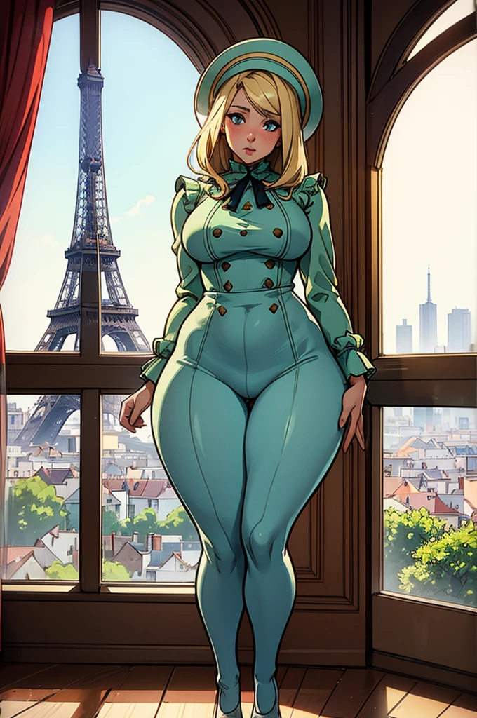 1 female, shy, french girl, young teen, bonnet, cute, hourglass figure, full body pic, blond, blue pupils, pout, best quality, eiffel tower on the window, cute, green modern french clothes, in an apartment.