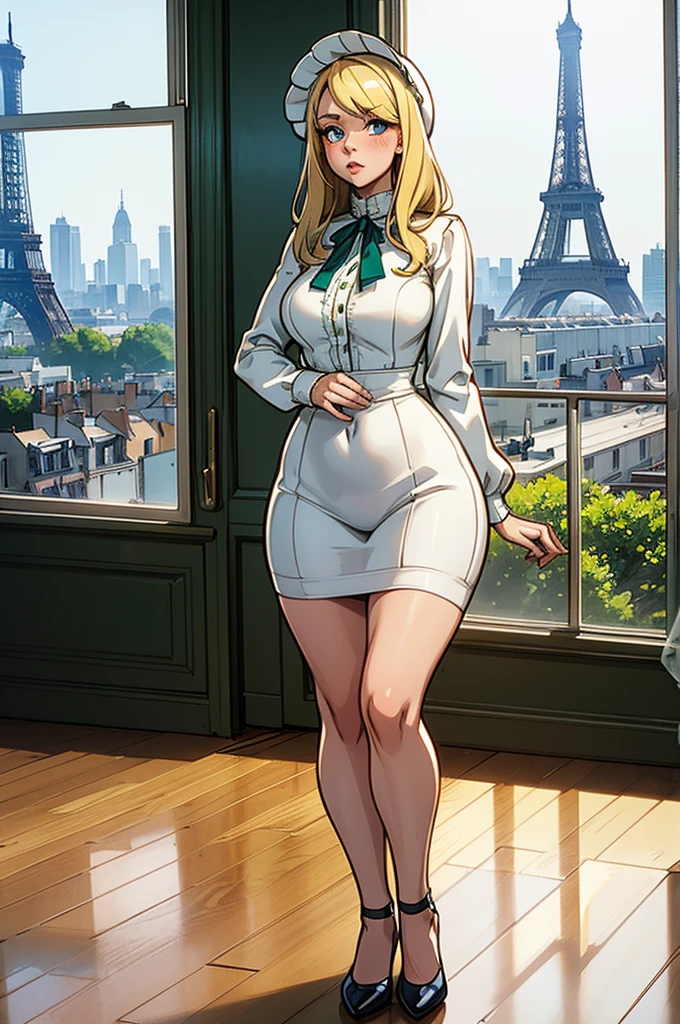 1 female, shy, french girl, young teen, bonnet, cute, hourglass figure, full body pic, blond, blue pupils, pout, best quality, eiffel tower on the window, cute, green modern french clothes, in an apartment.