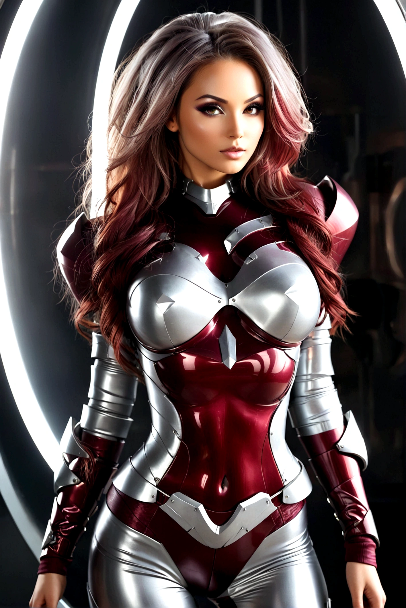 Create an image of the most stunningly gorgeous beautiful perfect sexy female blizzaga, Stunningly gorgeous beautiful perfect sexy face, perfect makeup, perfect stylized hair, hour glass body figure, perfect round ass, (((((futuristic gray maroon lacquered chrome armor)), back to viewer looking forward, full body view,