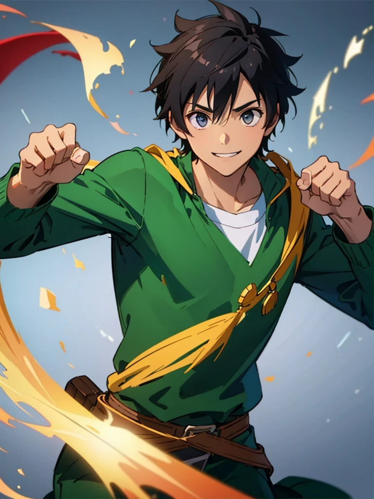 Boy, adventurer clothes, black hair, kind eyes, smiling, clenching fists, teenager