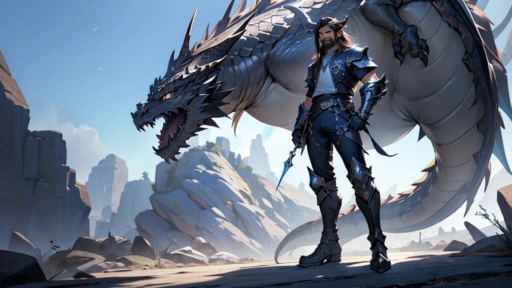 4k ultra HD ffxiv dragoon, standing, solo, human male with long flowing brown hair coming out from under a silver helm with a splayed dragon wing on each side metal visor over his eyes, full beard, wearing silver metal dragoon armor, blue pants and shirt, metal boots with silver dragon claws over the toe of the boots, standing