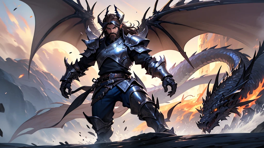 4k ultra HD ffxiv dragoon, standing, solo, human male with long flowing brown hair coming out from under a silver helm with a splayed dragon wing on each side metal visor over his eyes, full beard, wearing silver metal dragoon armor, blue pants and shirt, metal boots with silver dragon claws over the toe of the boots, standing