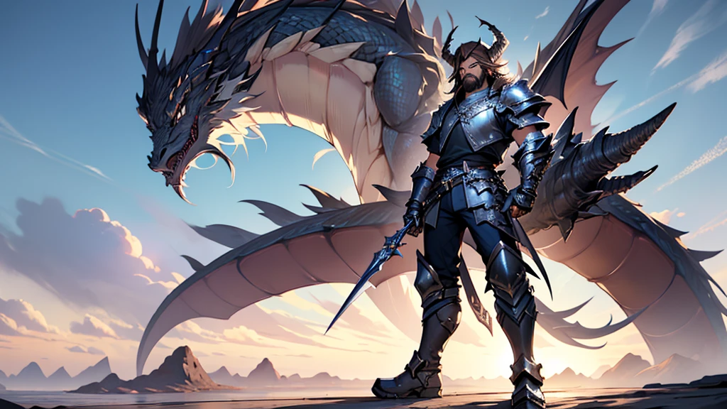 4k ultra HD ffxiv dragoon, standing, solo, human male with long flowing brown hair coming out from under a silver helm with a splayed dragon wing on each side metal visor over his eyes, full beard, wearing silver metal dragoon armor, blue pants and shirt, metal boots with silver dragon claws over the toe of the boots, standing