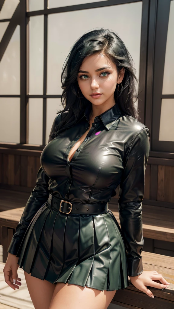 (best quality, masterpiece, colorful, highest detailed), (photorealistic:1.2), raw photo, (busty thicc mature bombshell), (jet-black hair), (green eyes), (black leather long-sleeved formal shirt, buttoned up), (black leather pleated skirt), (tiny waist), ((thicc:1.3)), (vibrant color), (intricate details), (dynamic angle), exposure blend, bokeh, dim light, (hdr:1.4), high contrast, (muted colors, dim colors, soothing tones:1.3), low saturation,