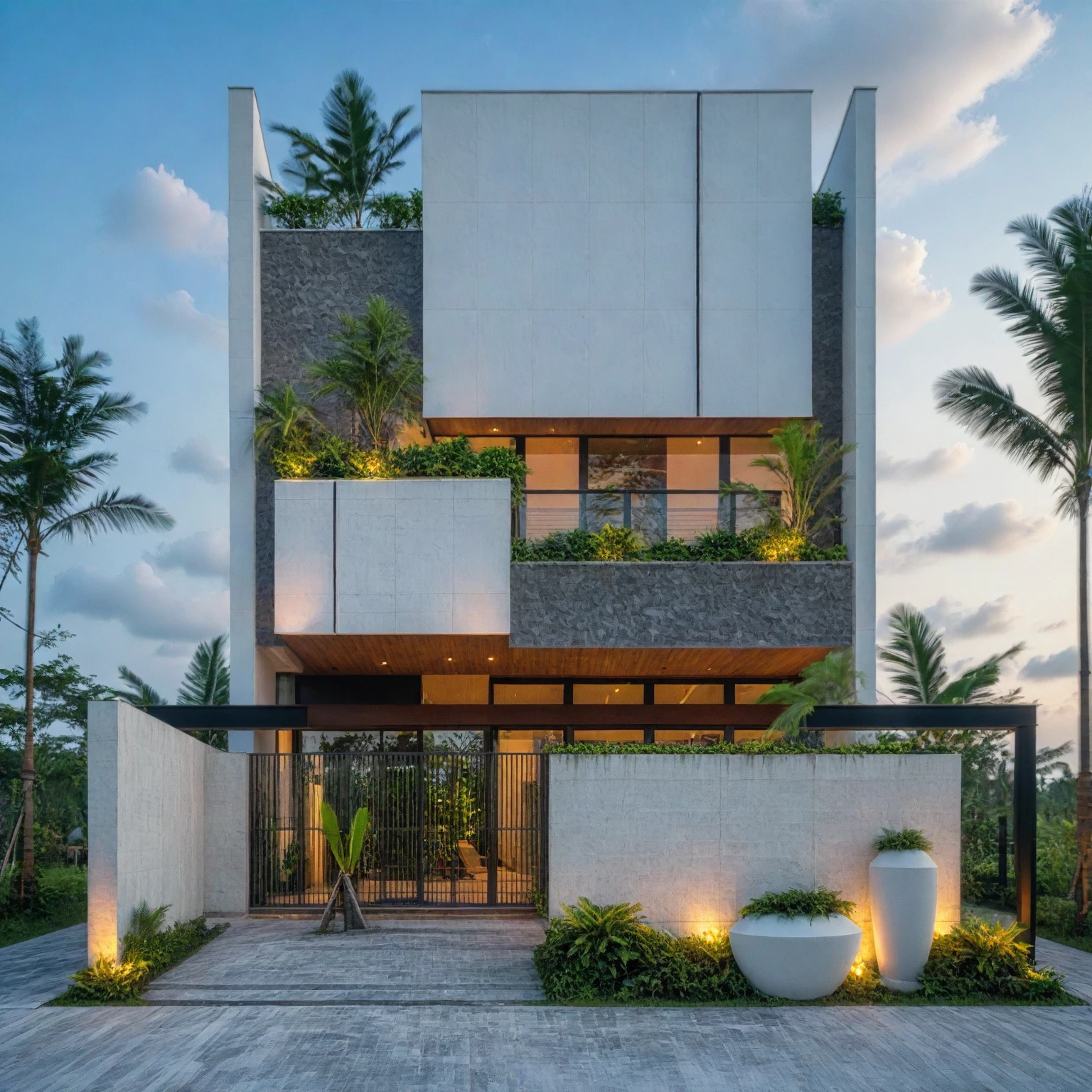 exterior house, contemporary style, white wall, wood wall, steel door, glass window, (realistic:1.2), Masterpiece, high quality, best quality, authentic, super detail, outdoors,road, trees, sky, cloud, (daylight:1.1), modern luxury villa, coconut trees, landscape, along the white beach, clear sky, day time, warm lighting RAW Photo, RAW texture, Super Realistic, 32K UHD, DSLR, soft lighting, high quality, film rating, Fujifilm XT3,Modern, Residential Architecture, car in front of house