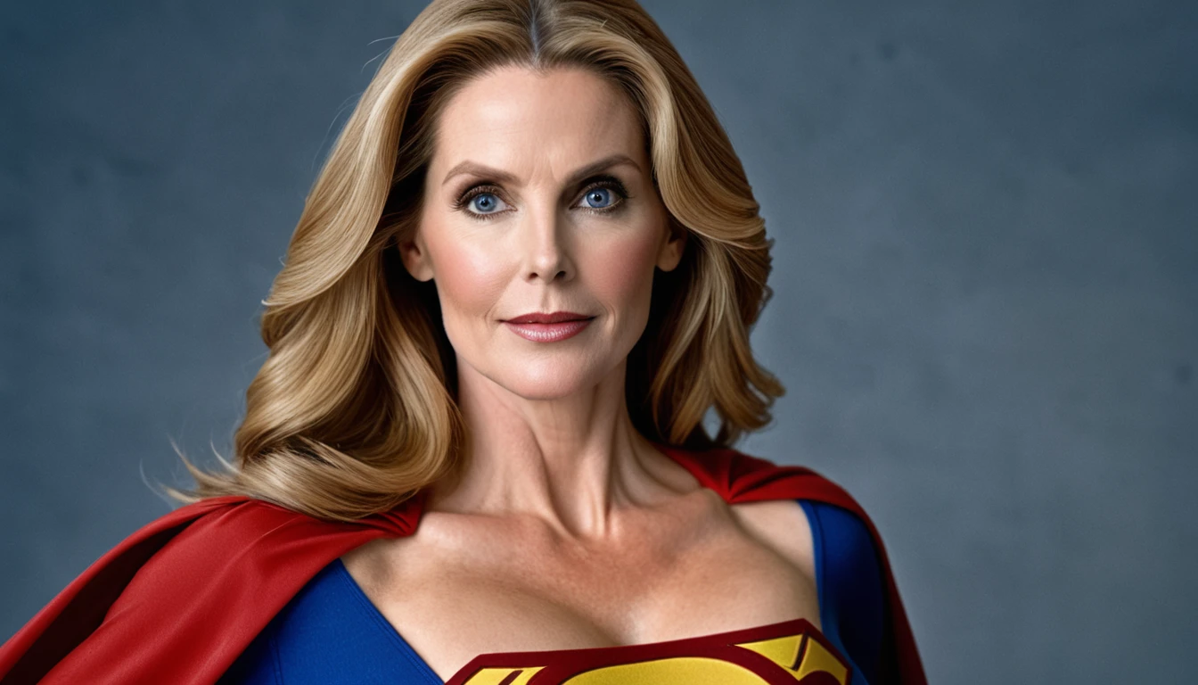 strong Julie Hagerty Supergirl; big and strong breasts. HD. Photograph, ((realism)), extremely high quality RAW photograph, ultra detailed photograph, sharp focus, high resolution, (detailed skin:1,3),high quality, film grain, Fujifilm XT3,Highly Detailed, movie, (Cinematic Photo:1.3) of (Realistic:1.3)