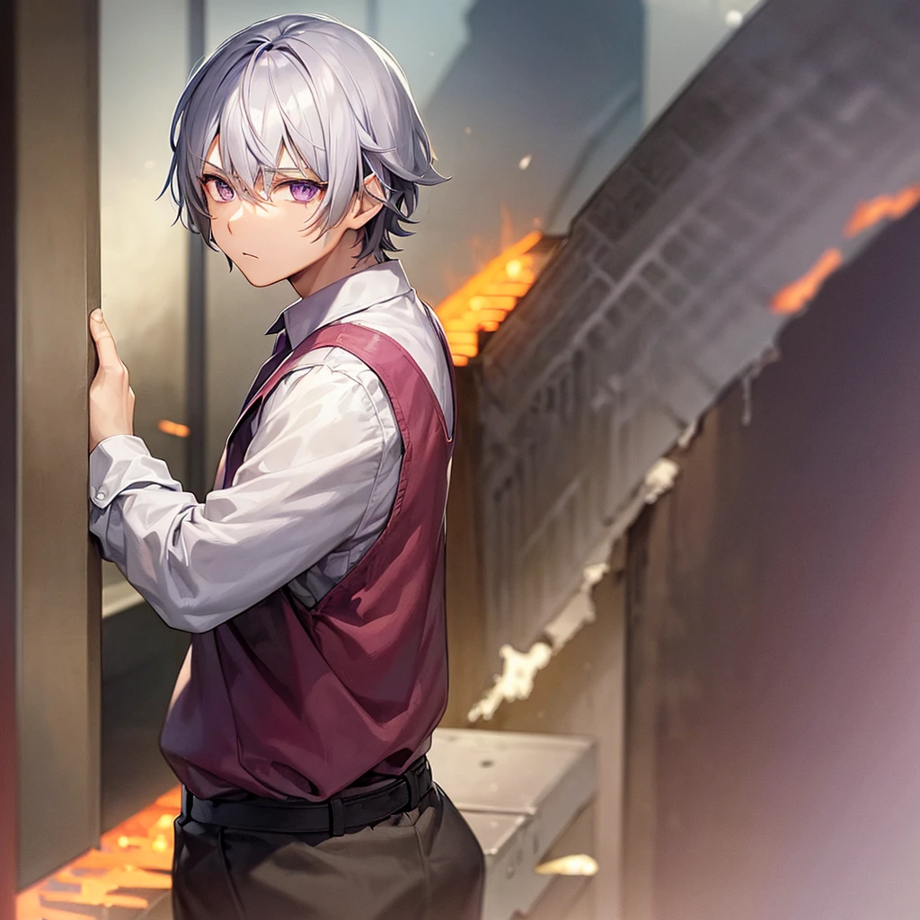 Boy with gray hair purple eyes and orange prison clothes fire background