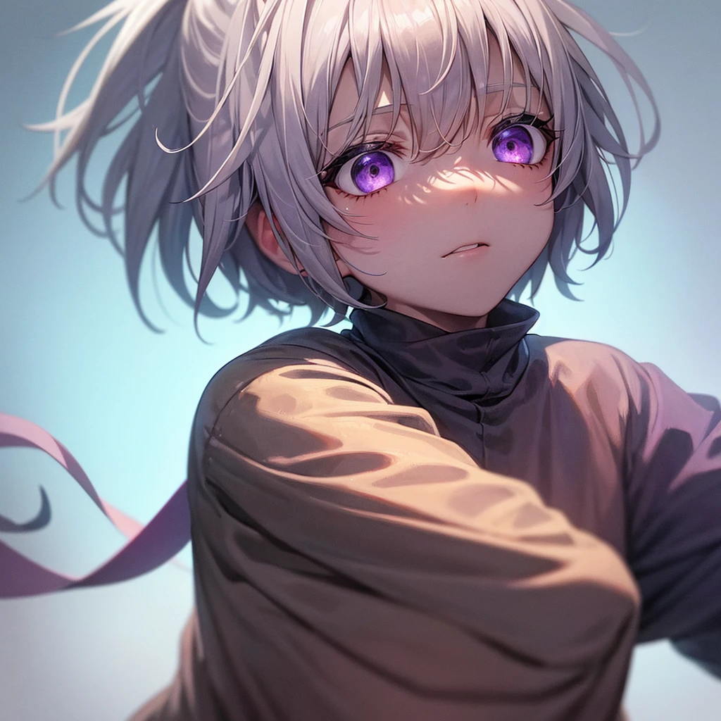Boy with gray hair purple eyes and orange prison clothes fire background