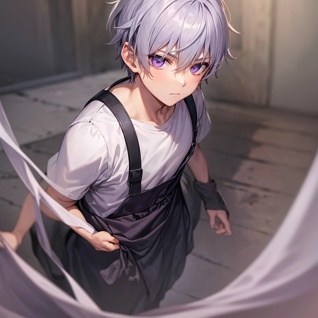 Boy with gray hair purple eyes and orange prison clothes fire background



