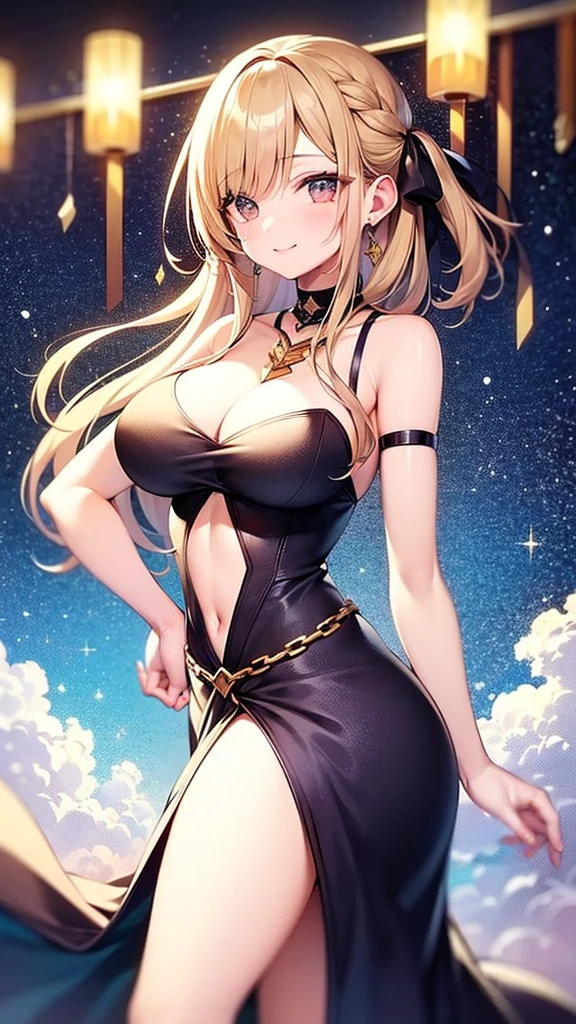 ((Highest quality、、masterpiece:1.3)), Upper Body、Long legs、Sharp focus:1.2, Beautiful woman with perfect figure:1.4、((Big Breasts:1.2)), (Big Breasts、Soft looking big ass、Feminine body 、Smiling:1.2), Face and skin texture crafted to the smallest detail、Fine-grained、double eyelid、25-year-old female、sexly、Cosplay、Isekai background