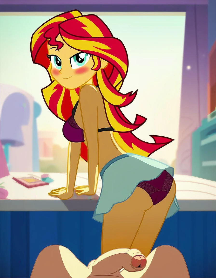 score_9, score_8_up, score_7_up, score_6_up, score_5_up, score_4_up, background sunset apartment, bedroom, sunset shimmer, equestria girls, cute, romantic, bedroom eyes, breasts, bra, female, sexy, bend over, looking back, looking at viewer, beautiful, panties, upskirt, skirt lift, shirt lift, cartoon, vector, show accurate, blushing, male pov, Sunset sticks her ass out, shapely ass, thongs panties, bikini. Male POV has a very huge and big penis, uncut penis, uncircumcised cock, foreskin, erection