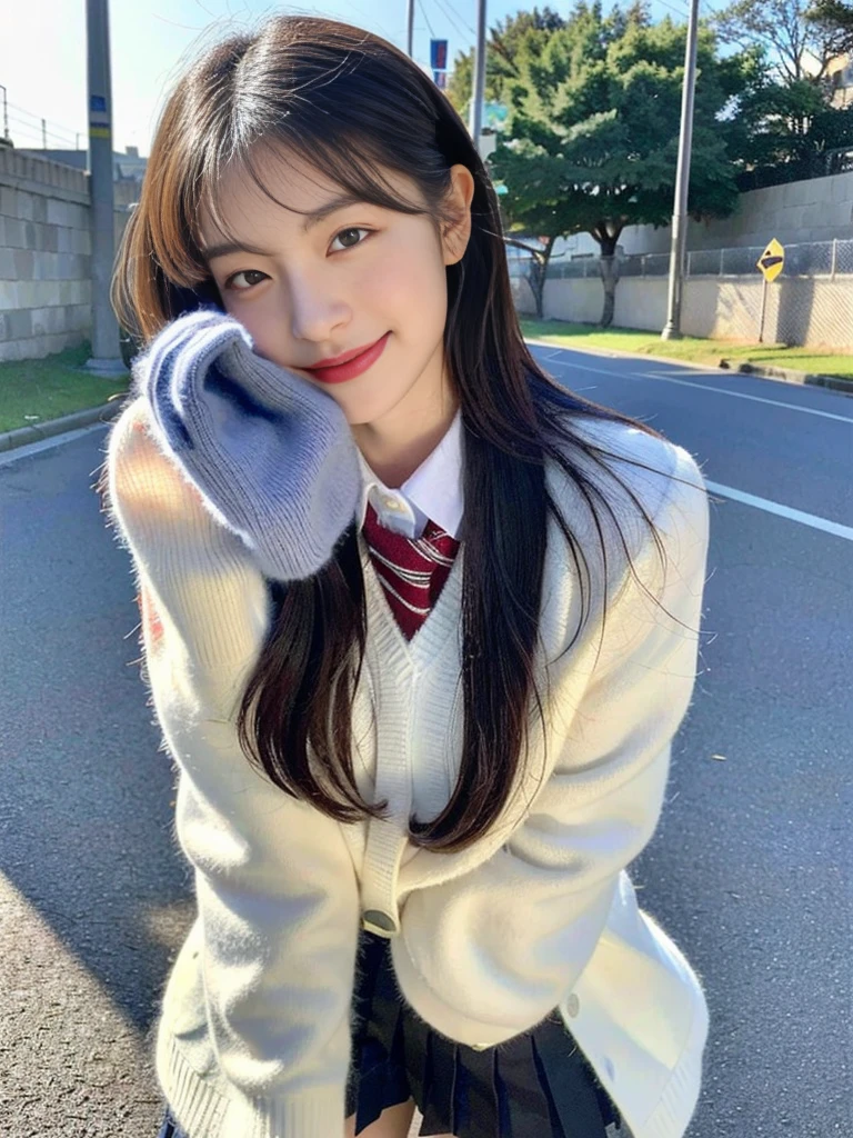 (A super cute Korean schoolgirl wearing a school uniform-style sweater shyly covers her face:1.2)(Embarrassed look,I grin in embarrassment.:1.1)(Beautiful Sweat:1.1)(16K, RAW Photos, Highest quality, masterpiece: 1.2),(Shiny and beautiful black long hair) Super detailed, Super Resolution, (Genuine, Genuine photos: 1.37), Portraiture, High-resolution RAW color photos, Professional photos, Very detailed, 8k wallpaper, Very detailed CG Unity 8k wallpaper, Very detailed beautiful girls, Very detailed faces, ((whole body)), beautiful woman, Huge breasts,(huge boobs:1.1) (Big Boobs:1.1), beautiful (Wearing a high-end down jacket in the style of a school uniform),high school girl, Korean Girls,(K-POP Female Idols), (Idol-class beauty)(Beautiful high school girl:1.1)(Blizzard sidewalk)(16 years old)Date,Fluffy gloves,neck warmer,
