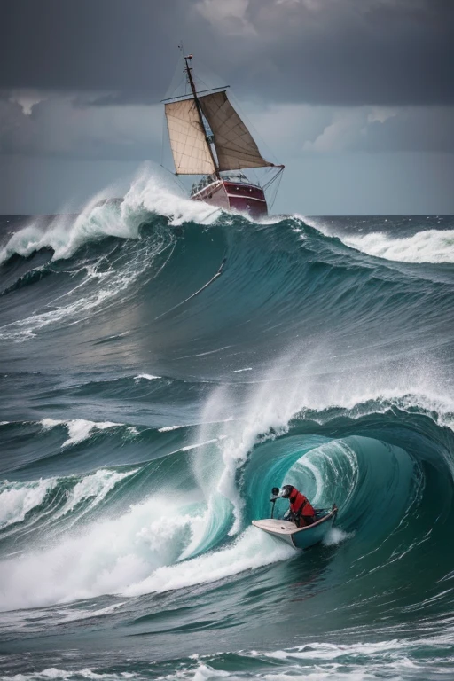 Fisherman with his boat being swallowed by a wave, in a storm.