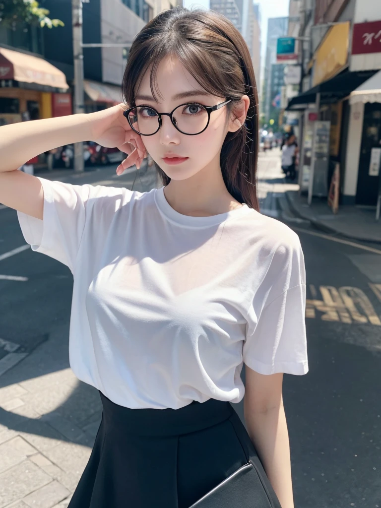 a cute woman, beautiful detailed eyes, arms up,upper body, beautiful detailed lips, extremely detailed eyes and face, long eyelashes, slender body, thin face, delicate features, flawless porcelain skin, glistening sweat, ultra-fine fingers, best ratio four finger and one thumb, realistic, oversized T-shirt, mini skirt, one-person viewpoint, Fuji Film, F/1.2, 8K, masterpiece, nffsw, super detail, high quality, best quality, high resolution, glasses, mole under right eye,